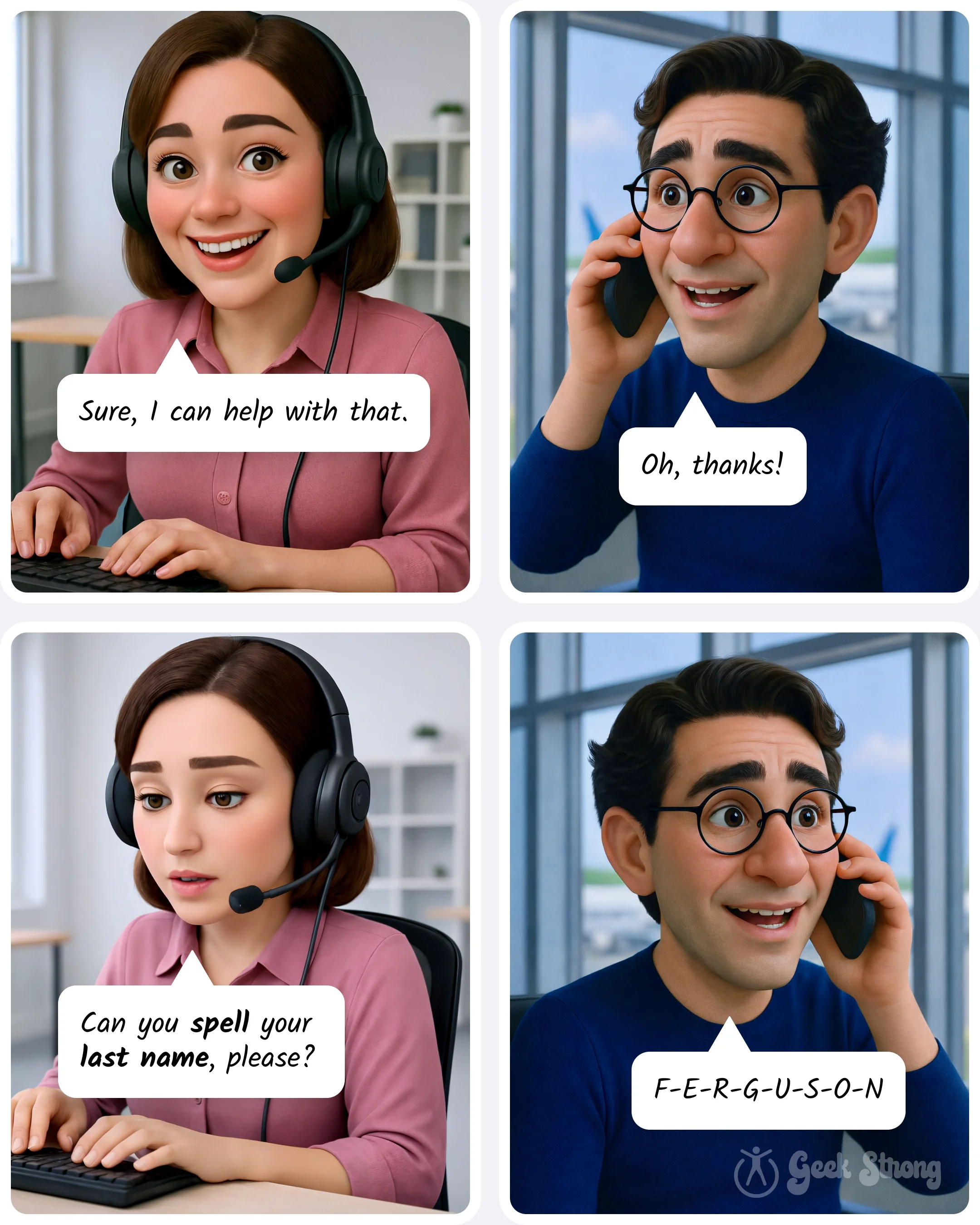  Customer service agent on a headset asks for an email while a man speaks on the phone and spells his name incorrectly. 