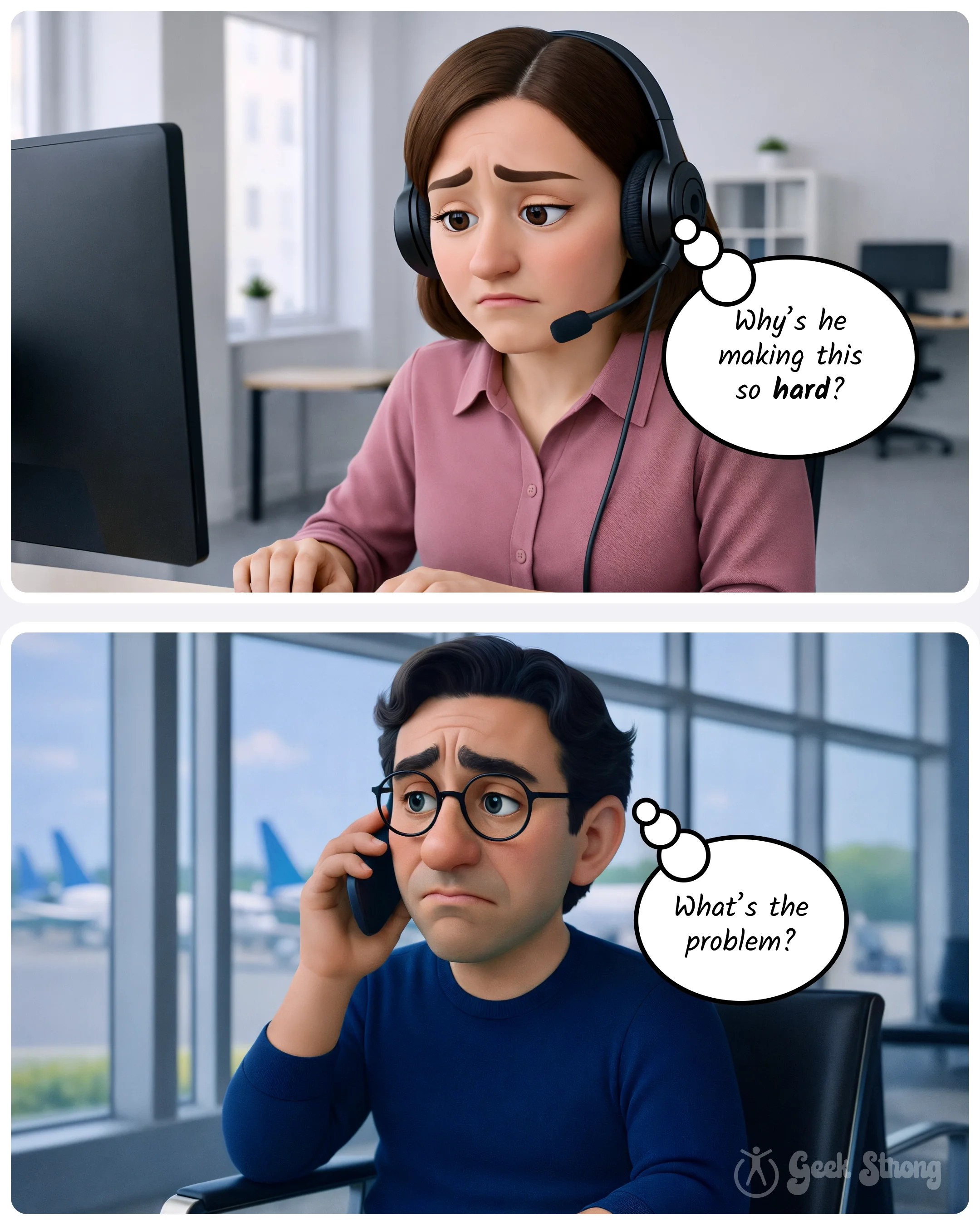  The agent looks frustrated while the caller appears confused during the difficult spelling exchange. 