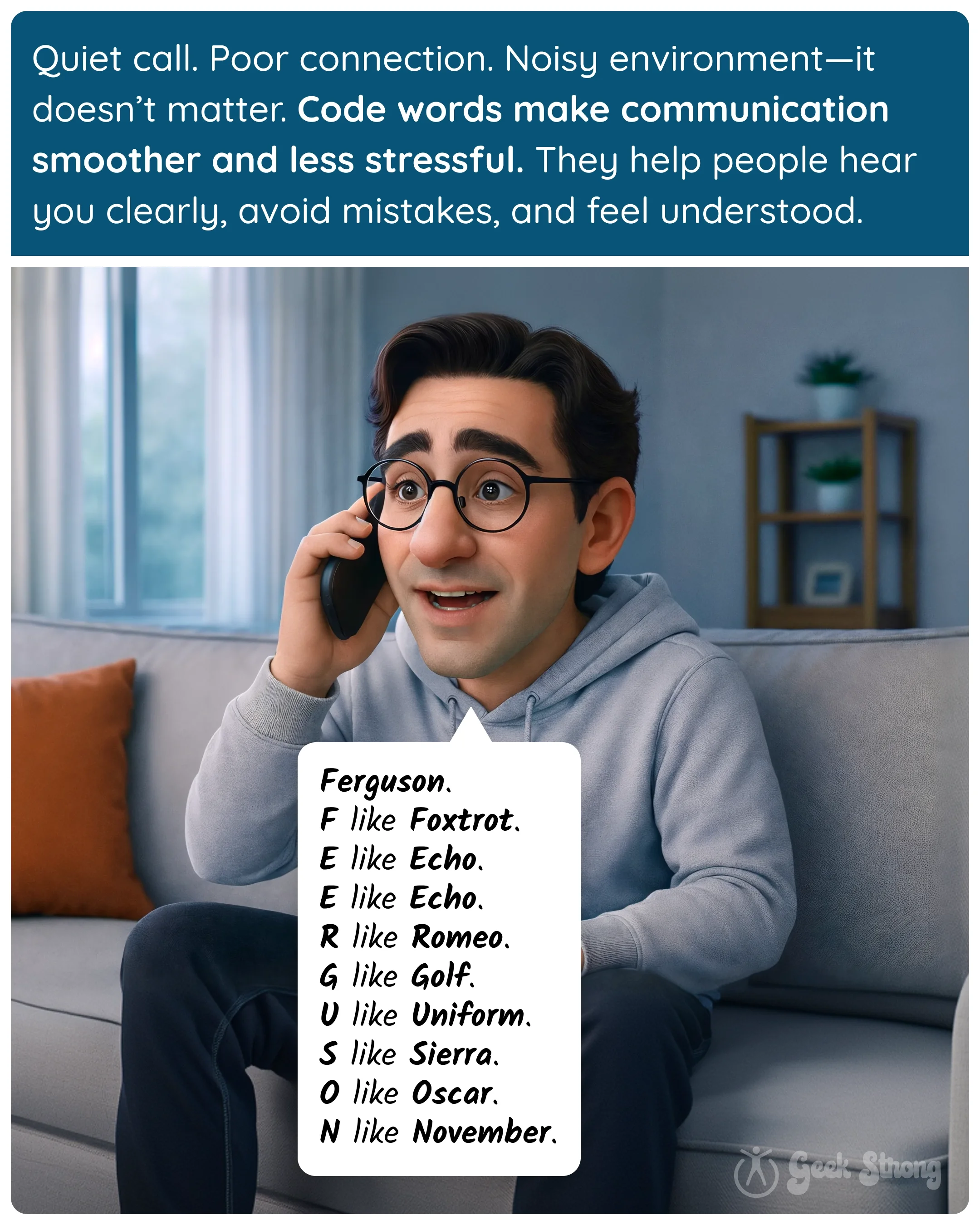  A man on the phone calmly uses phonetic code words to spell his name clearly. 