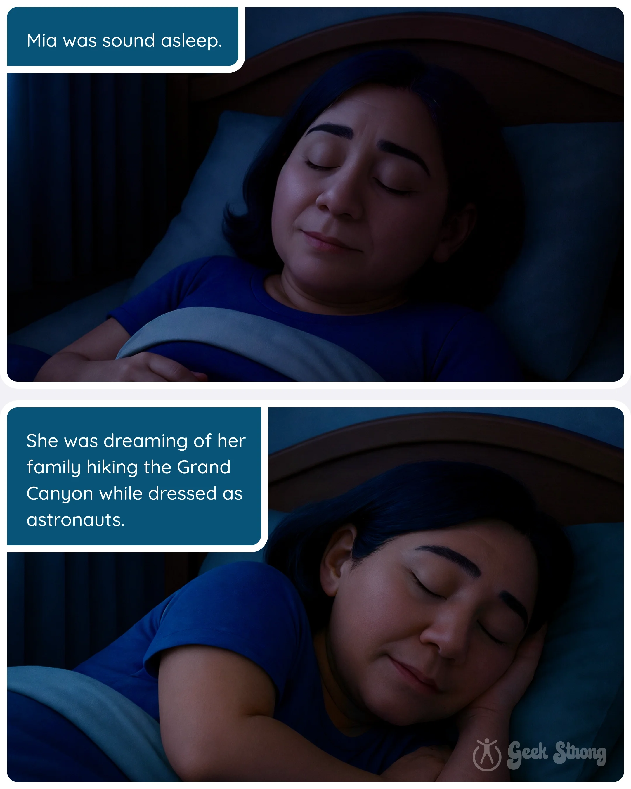  A woman sleeps peacefully in bed while dreaming before being disturbed by a glowing phone notification. 
