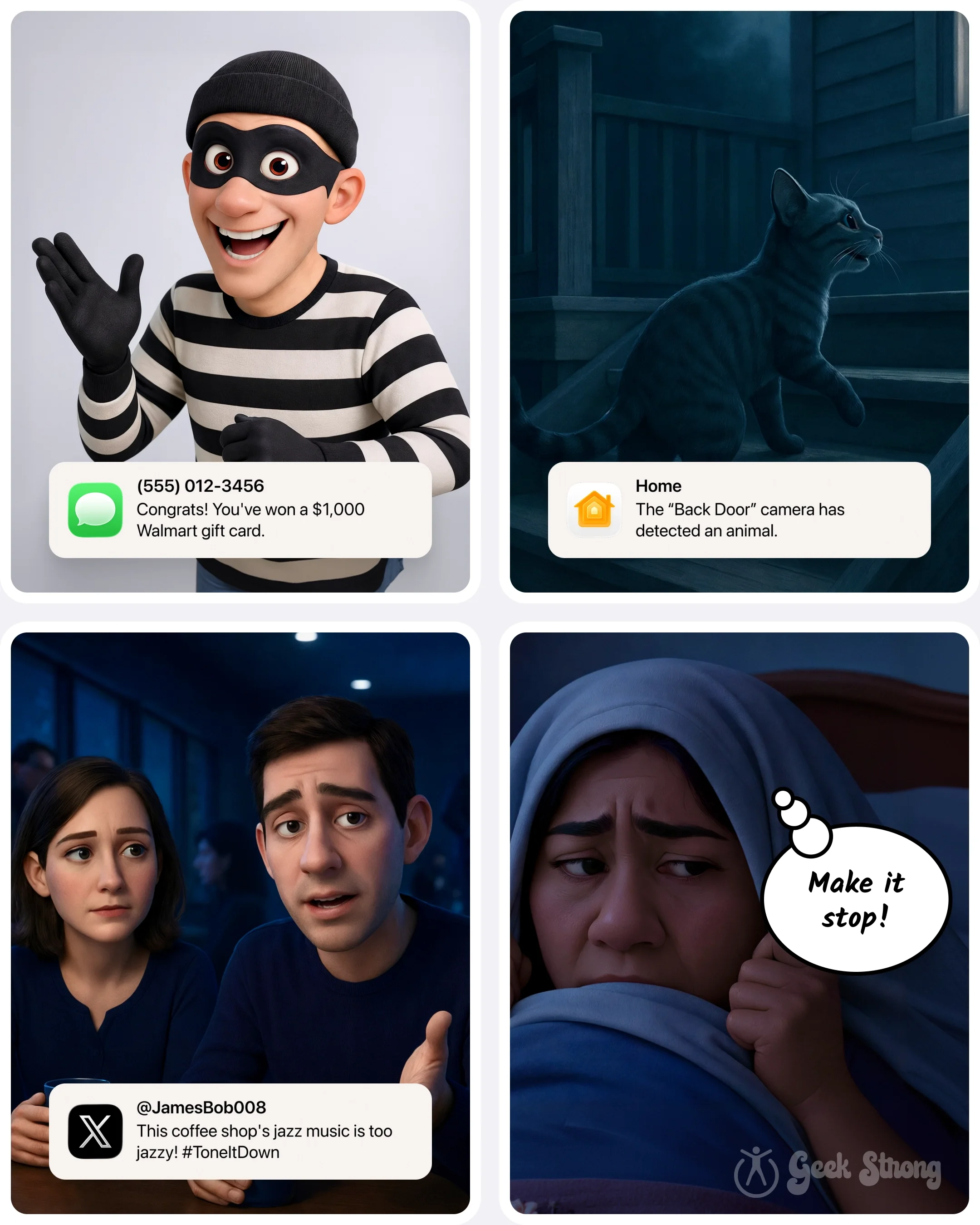  More alerts and recommendations pop up on the phone as the woman looks overwhelmed and stressed. 