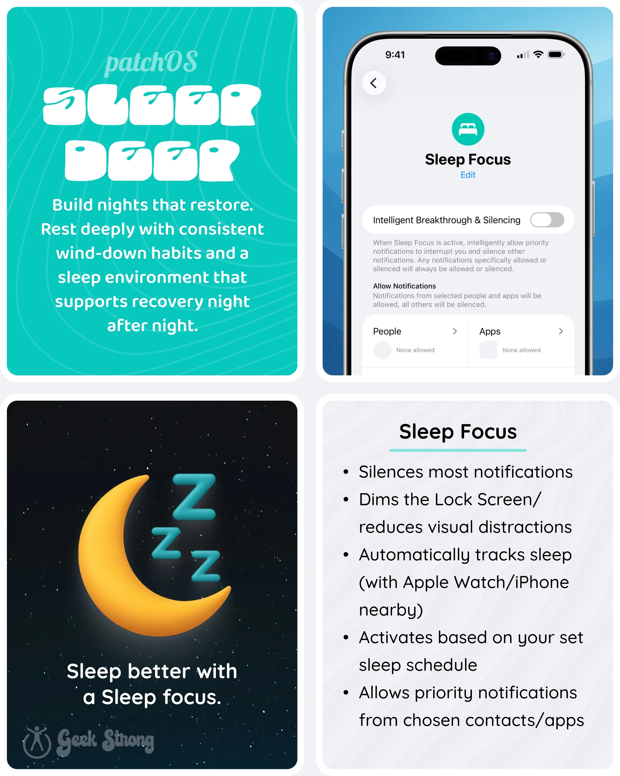  Sleep-focused panels introduce the concept of Sleep Focus and its benefits for reducing nighttime interruptions. 