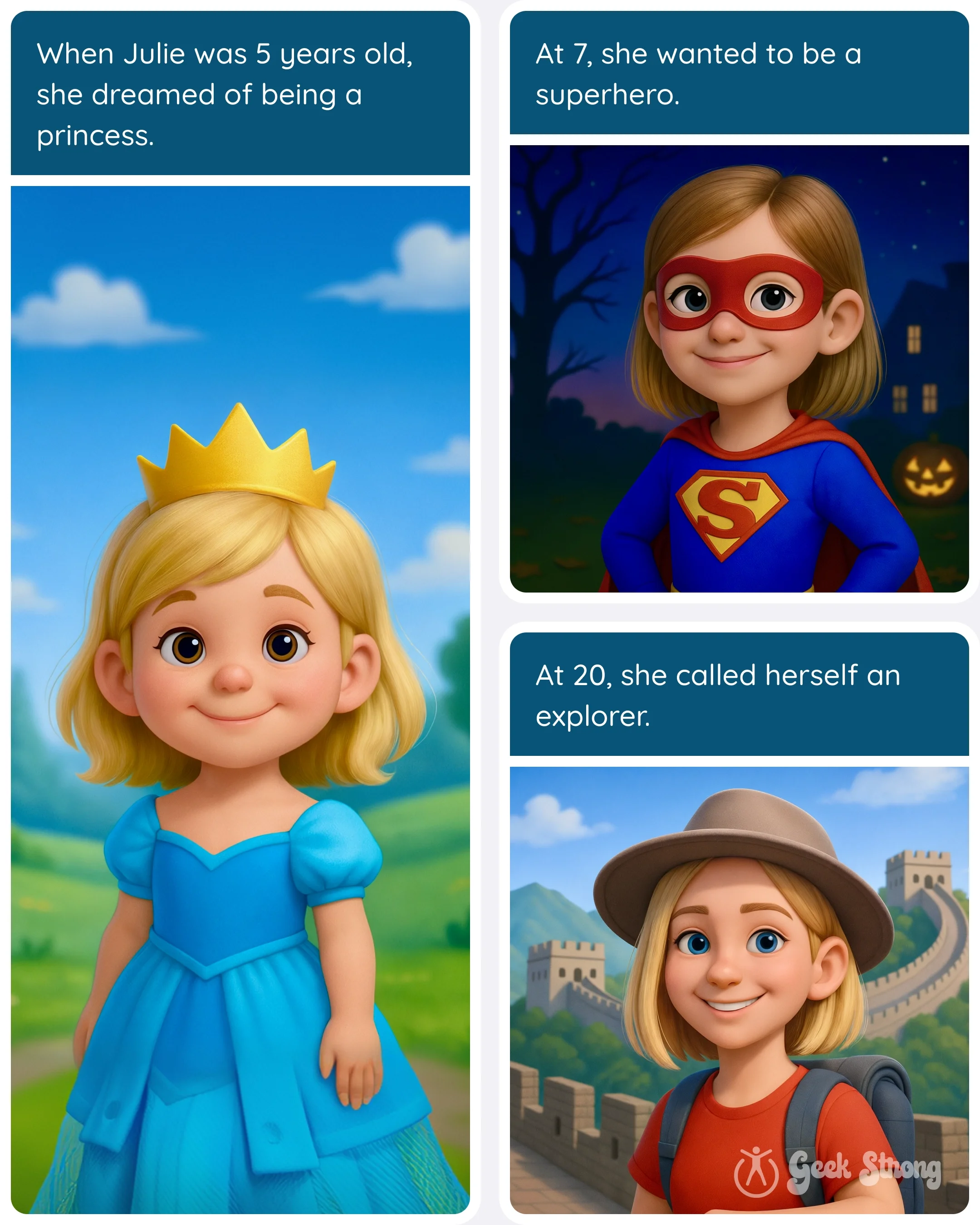  A cartoon girl imagines different futures throughout childhood and early adulthood, including being a princess, superhero, and explorer. 