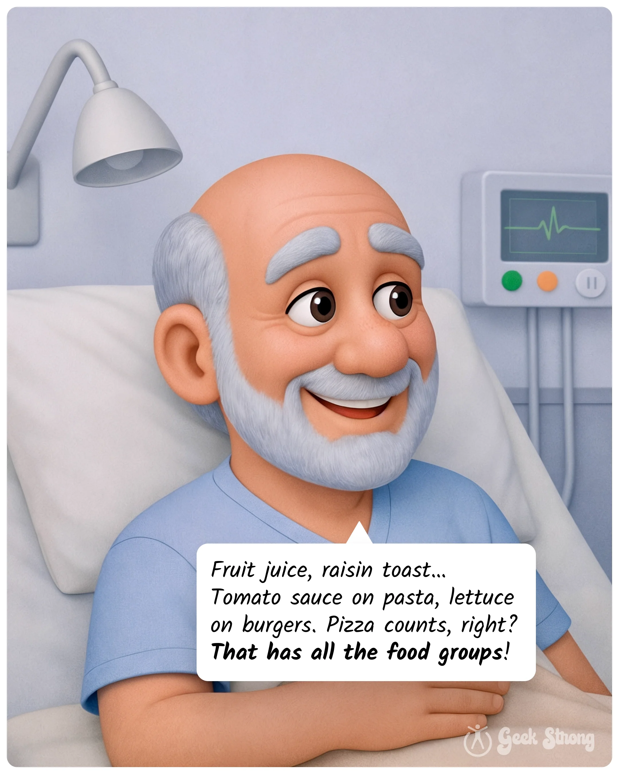  The patient smiles while joking that pizza and carrot cake practically count as healthy foods. 