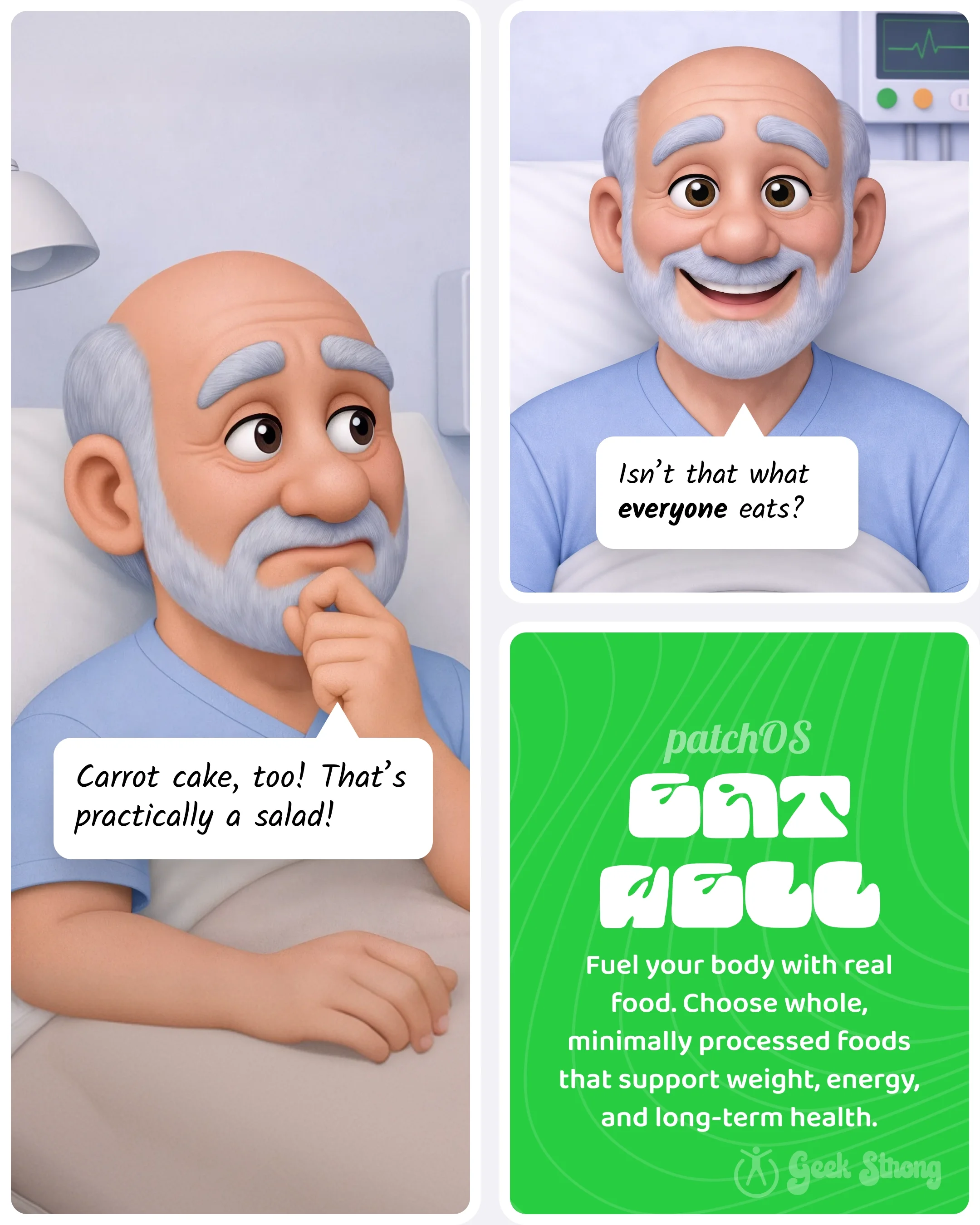  The patient wonders if his eating habits are normal while reflecting on common processed food choices. 