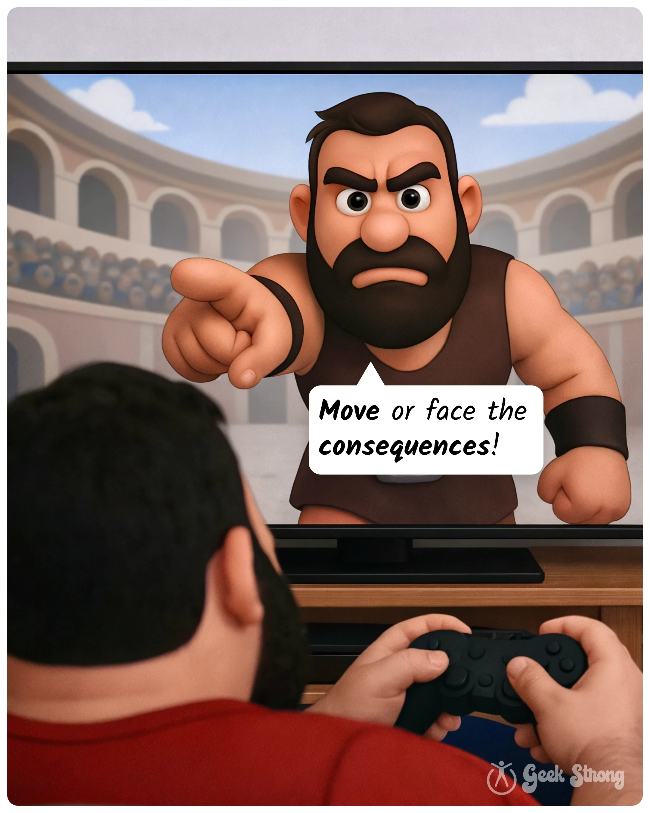  Game paused, controller left on the empty couch; the man opens his front door saying "Game on!" and steps outside for a walk in the neighborhood. 