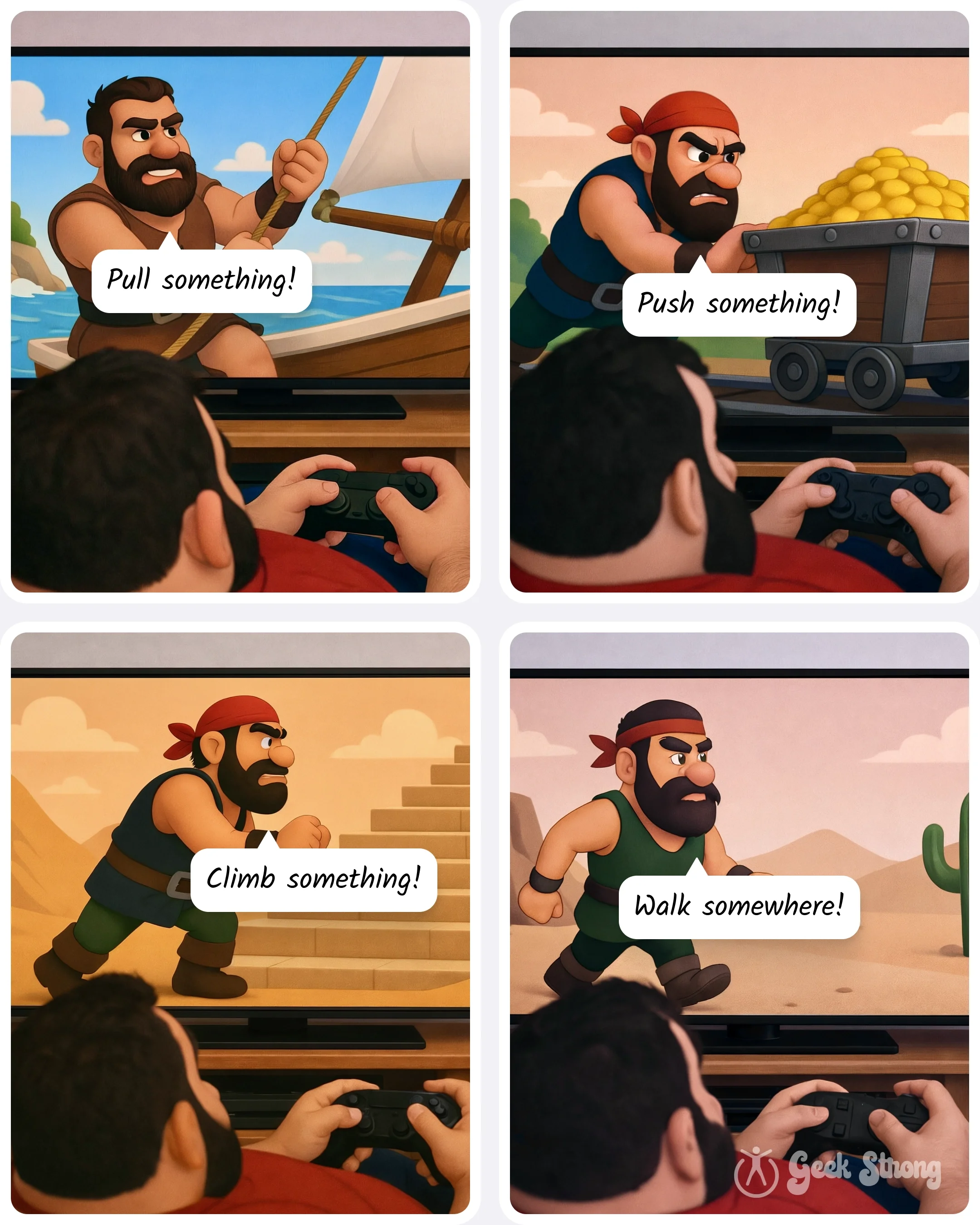  A gladiator on screen points directly at the player and demands "Move or face the consequences!" as the man stares up from his controller. 