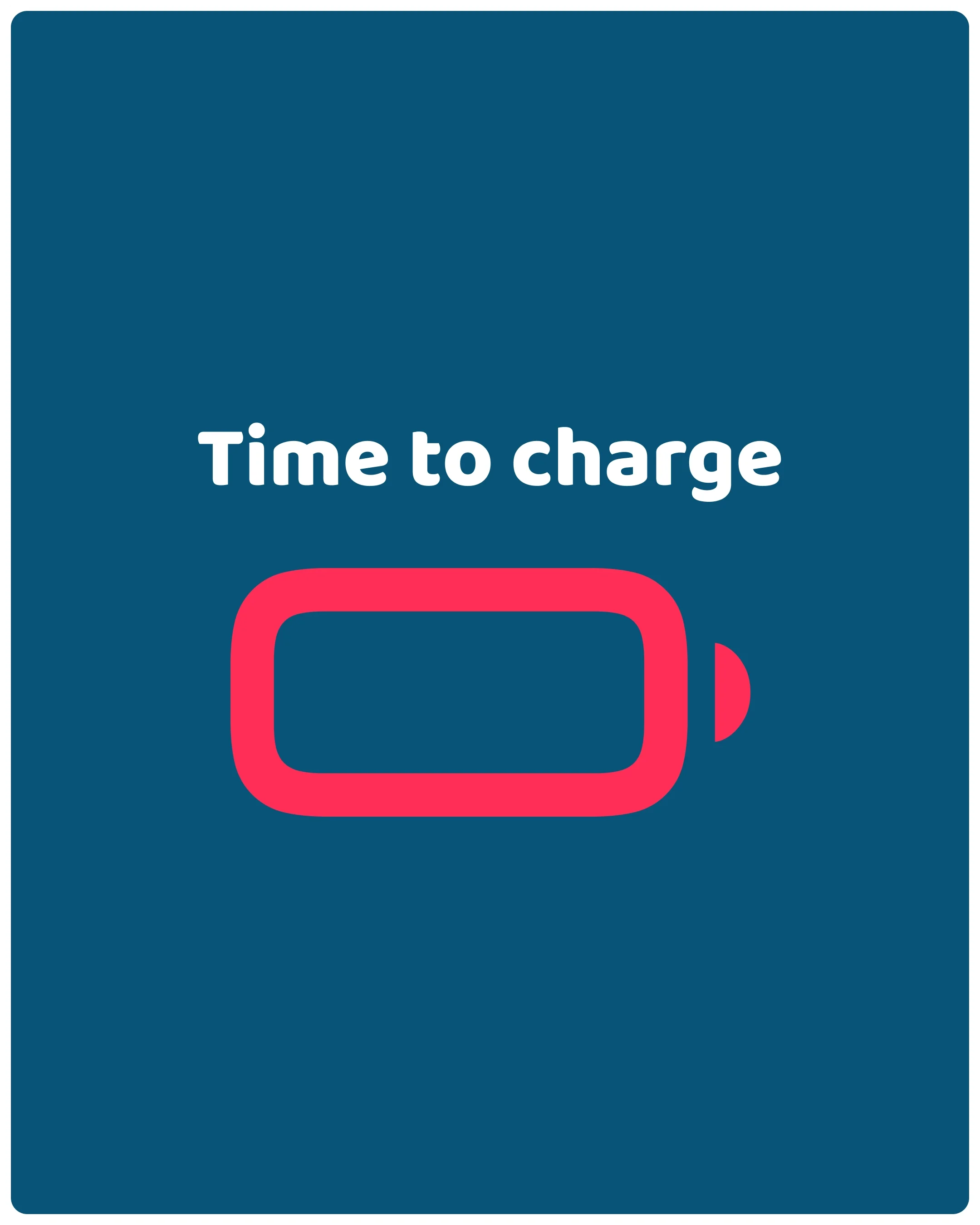  A phone battery icon glows red on a blue screen with the words Time to charge. 