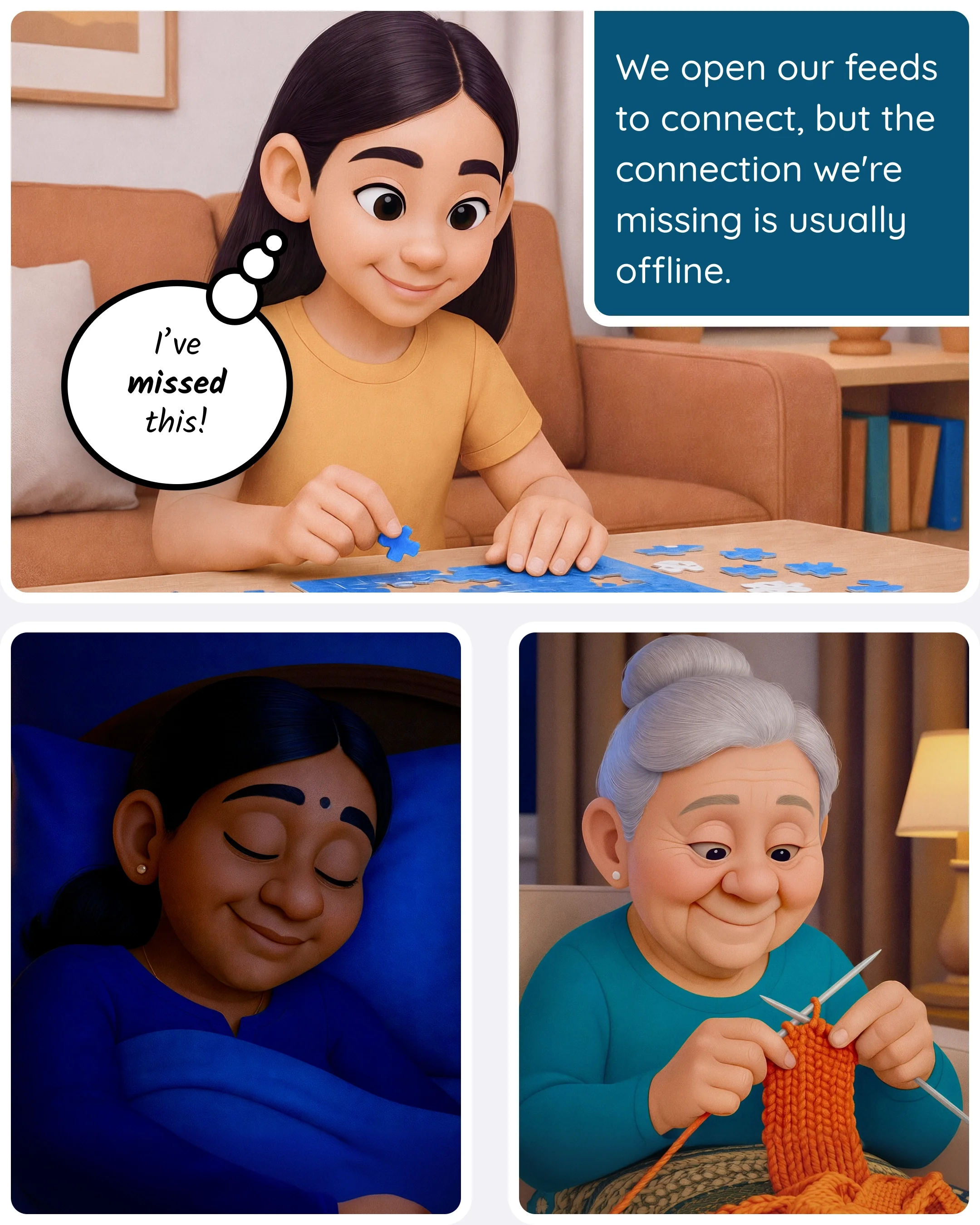  Nok swaps Pinterest scrolling for a jigsaw puzzle, saying she's missed this, while Kavya sleeps and Beth knits instead of scrolling. 