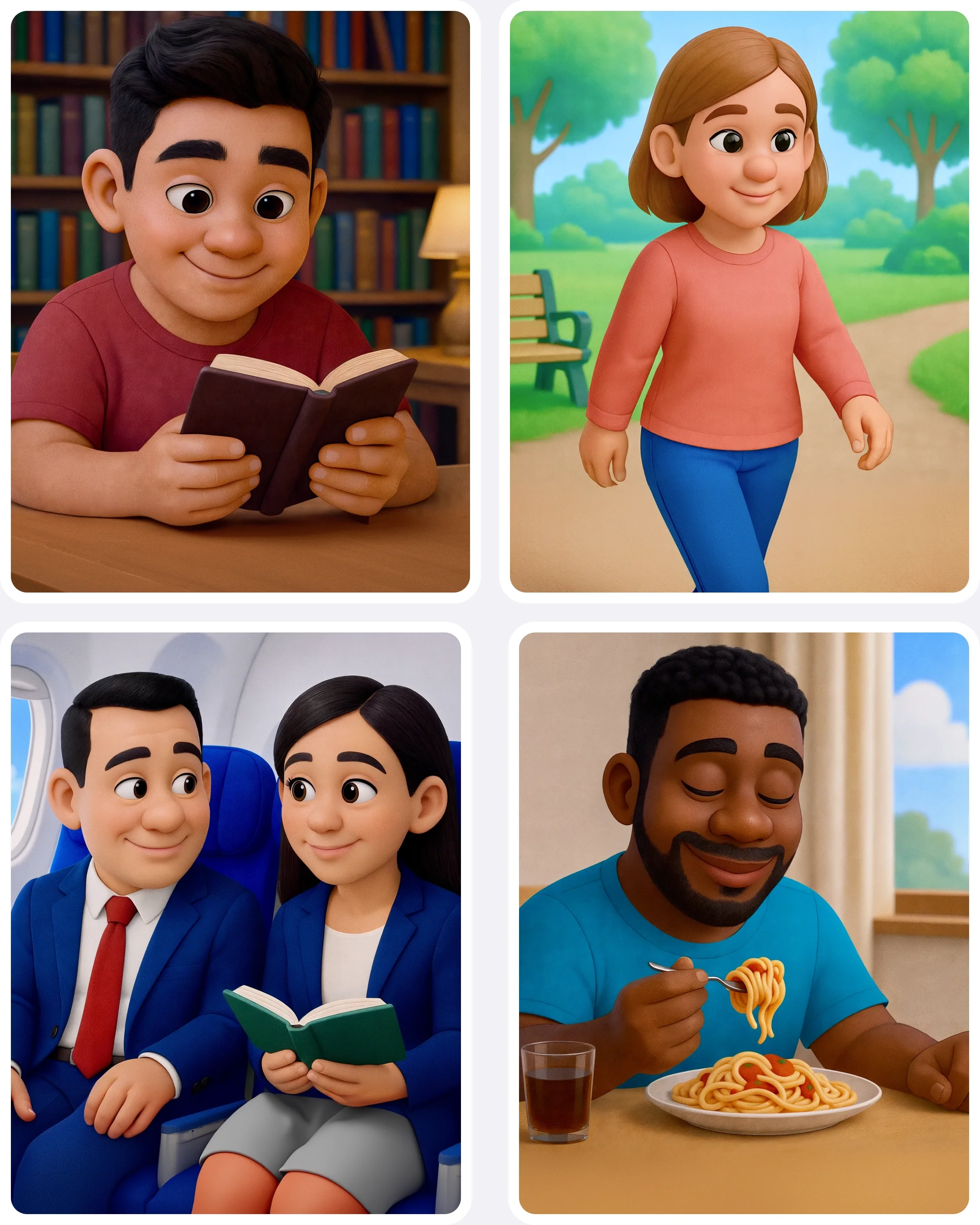  Hector reads a book, Stacey walks outside, Harry talks to a woman sitting next to him, and Clarence savors dinner phone-free. 