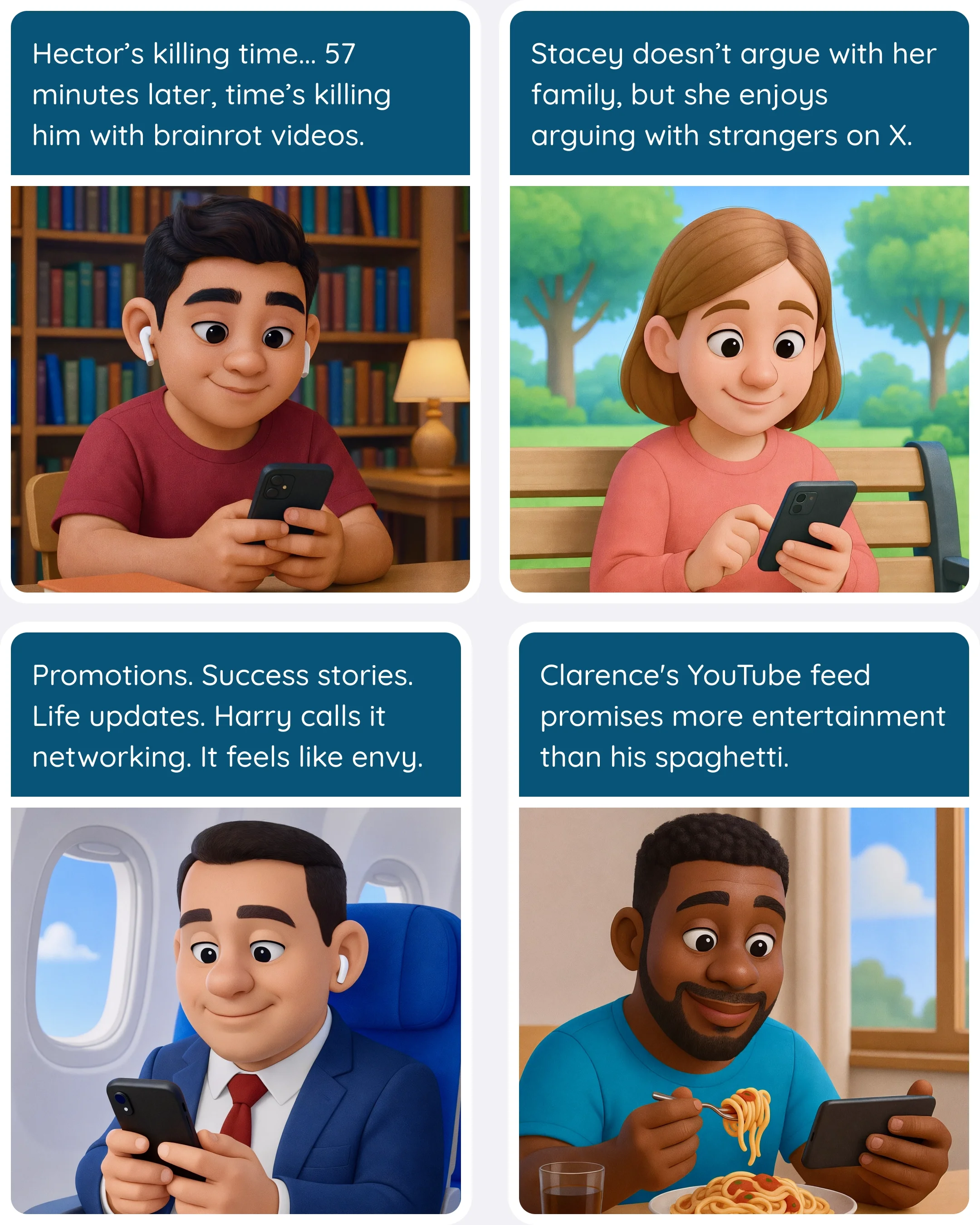  Hector scrolls brainrot videos. Stacey argues with strangers on X. Harry envies coworkers online, and Clarence scrolls through dinner. 