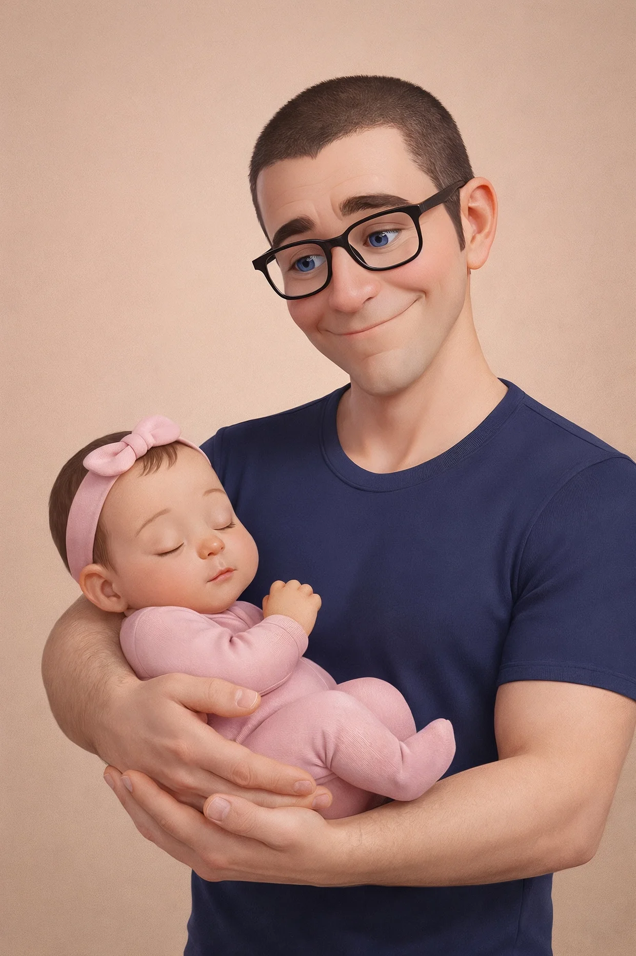 Jeff Shibasaki gently holding a sleeping baby, conveying warmth, care, and calm