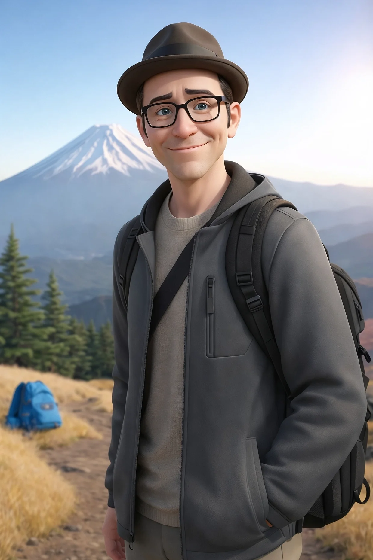 Jeff Shibasaki standing outdoors with Mount Fuji in the background, wearing a jacket and backpack, suggesting exploration and adventure