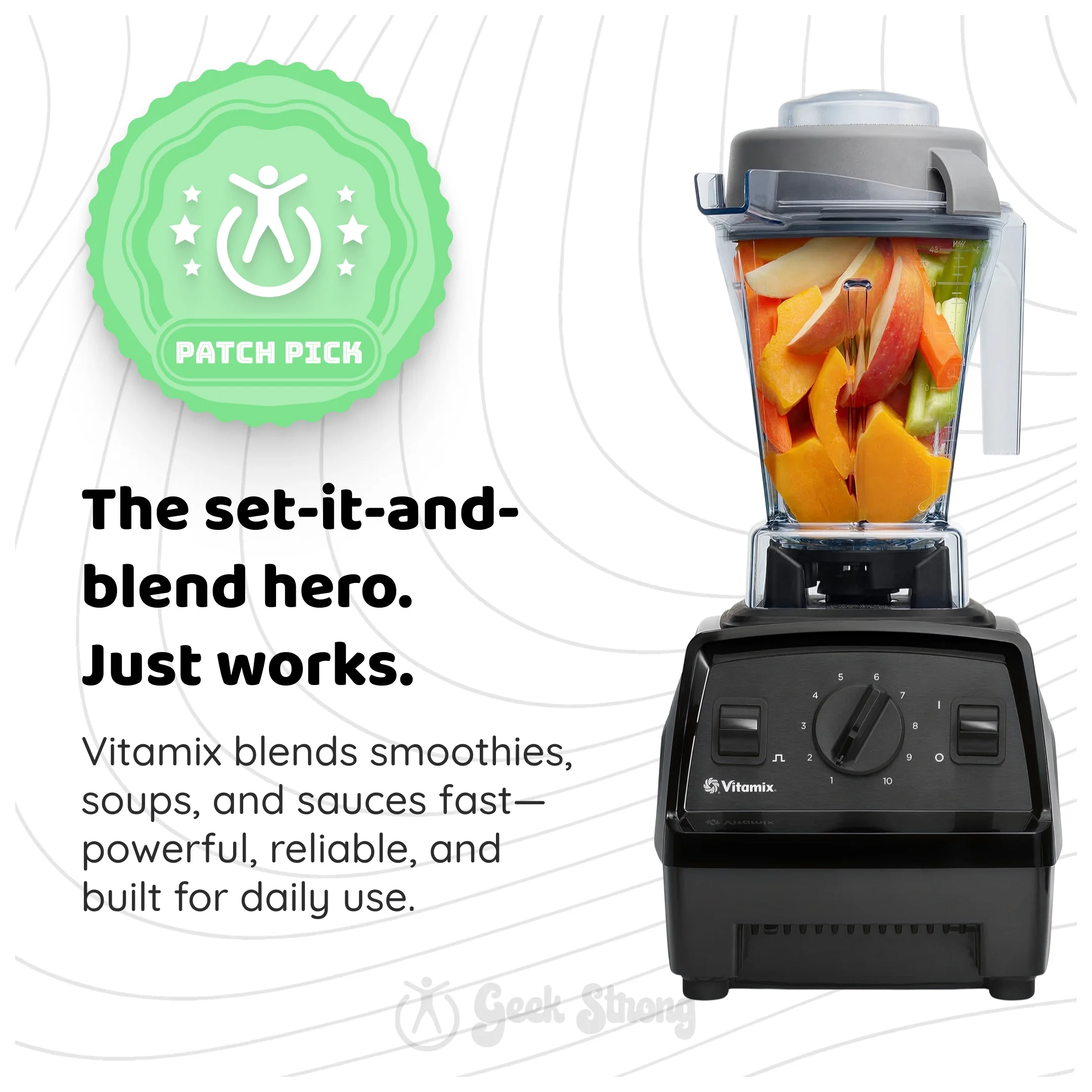 Vitamix blender filled with fruit beside “Patch Pick” badge and product description text.