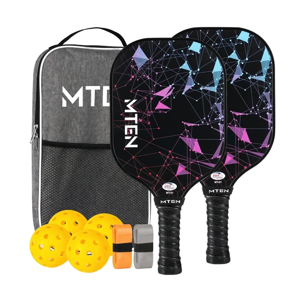 Pickleball paddle set with two paddles, four pickleballs, and grip tape