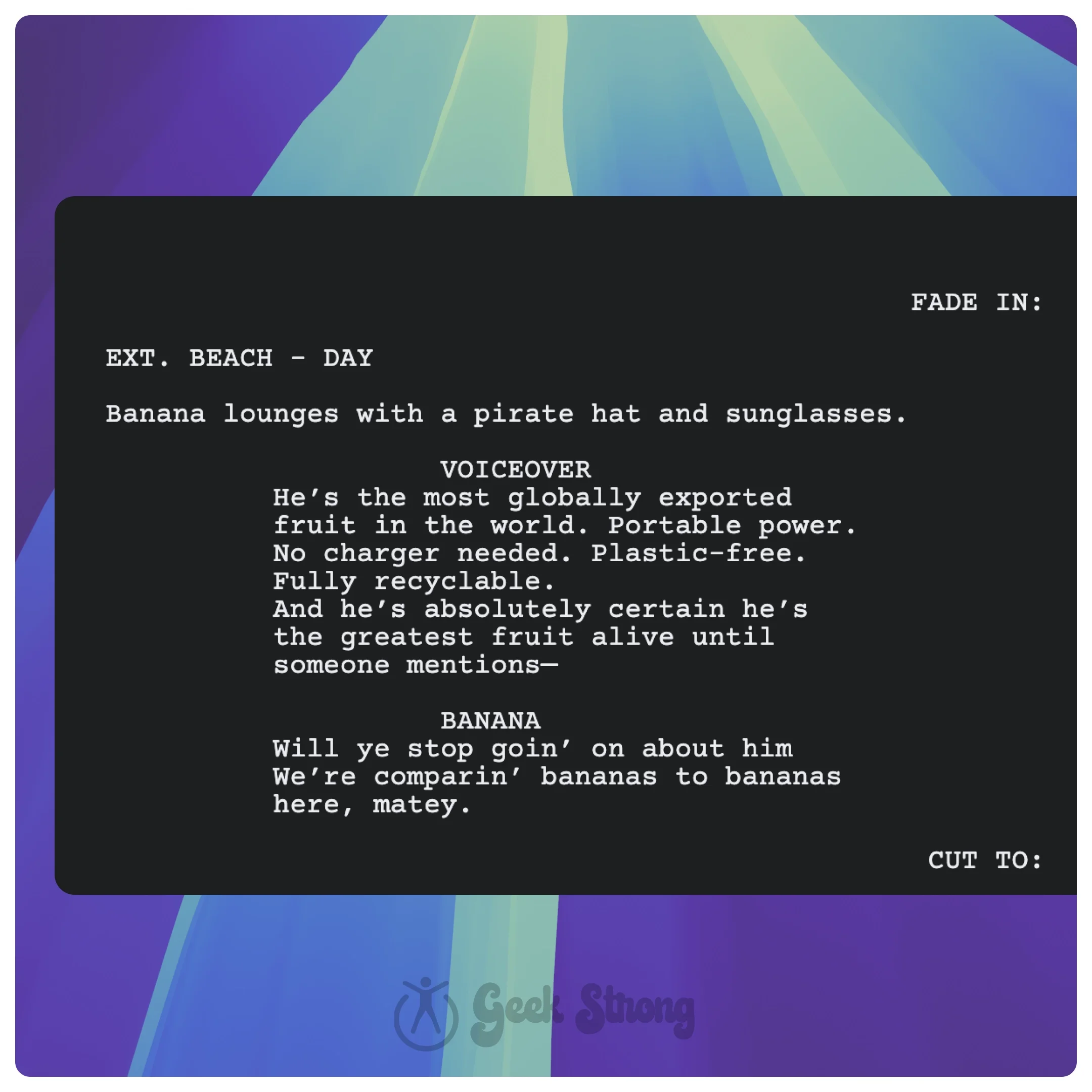 Screenplay-style script titled “I’m No Second Banana,” featuring a humorous banana character scene and dialogue.