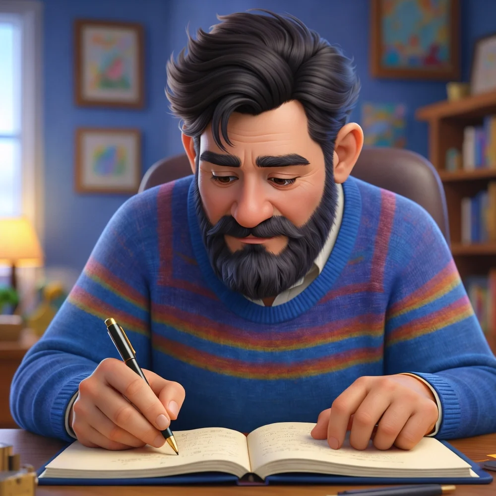A bearded man writes in a planner at a desk with a serious expression, symbolizing the proactive mindset and future planning habit promoted in patchOS.