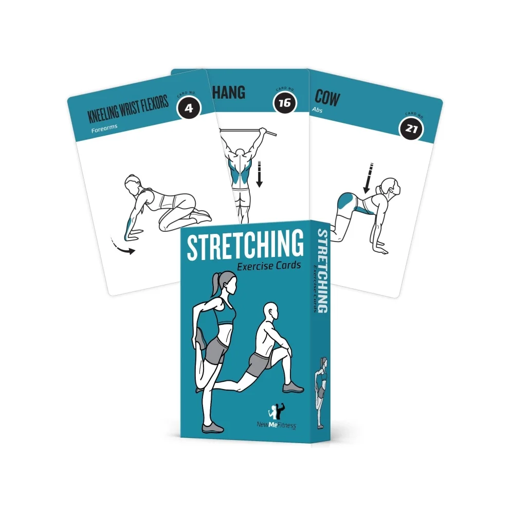 Deck of illustrated stretching exercise cards fanned out next to their box.