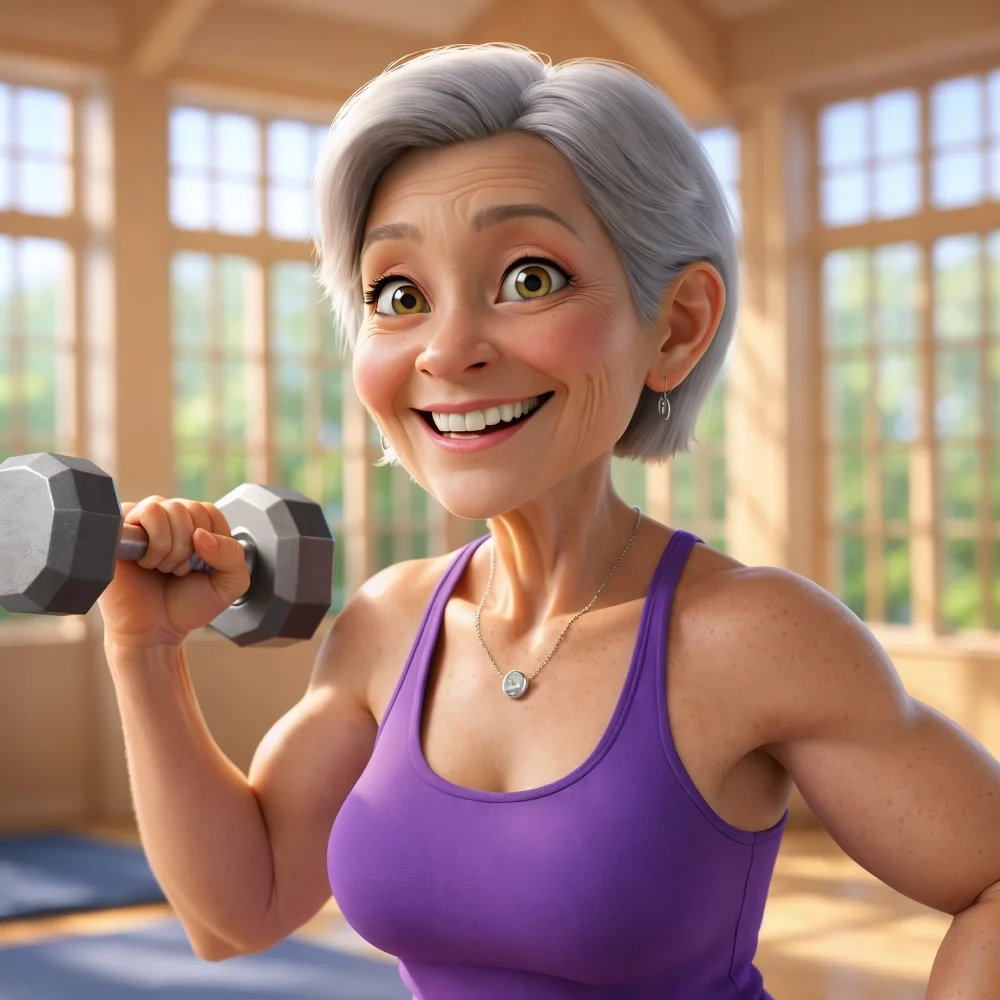 A cheerful woman in a purple tank top lifts a barbell in a sunny room, embodying strength, mobility, and the patchOS Move Often habit.