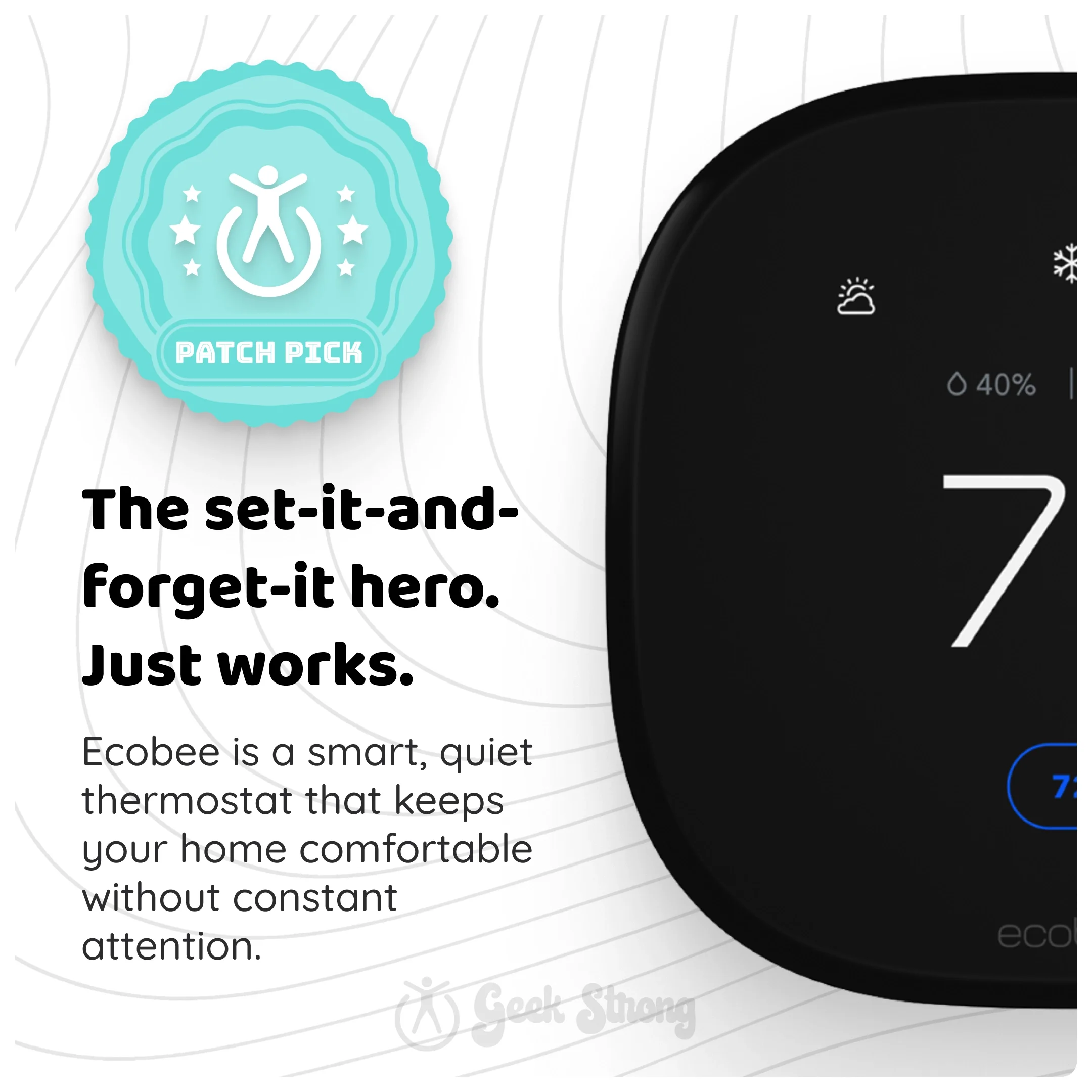 Wellness product feature card with Patch Pick badge and smart thermostat