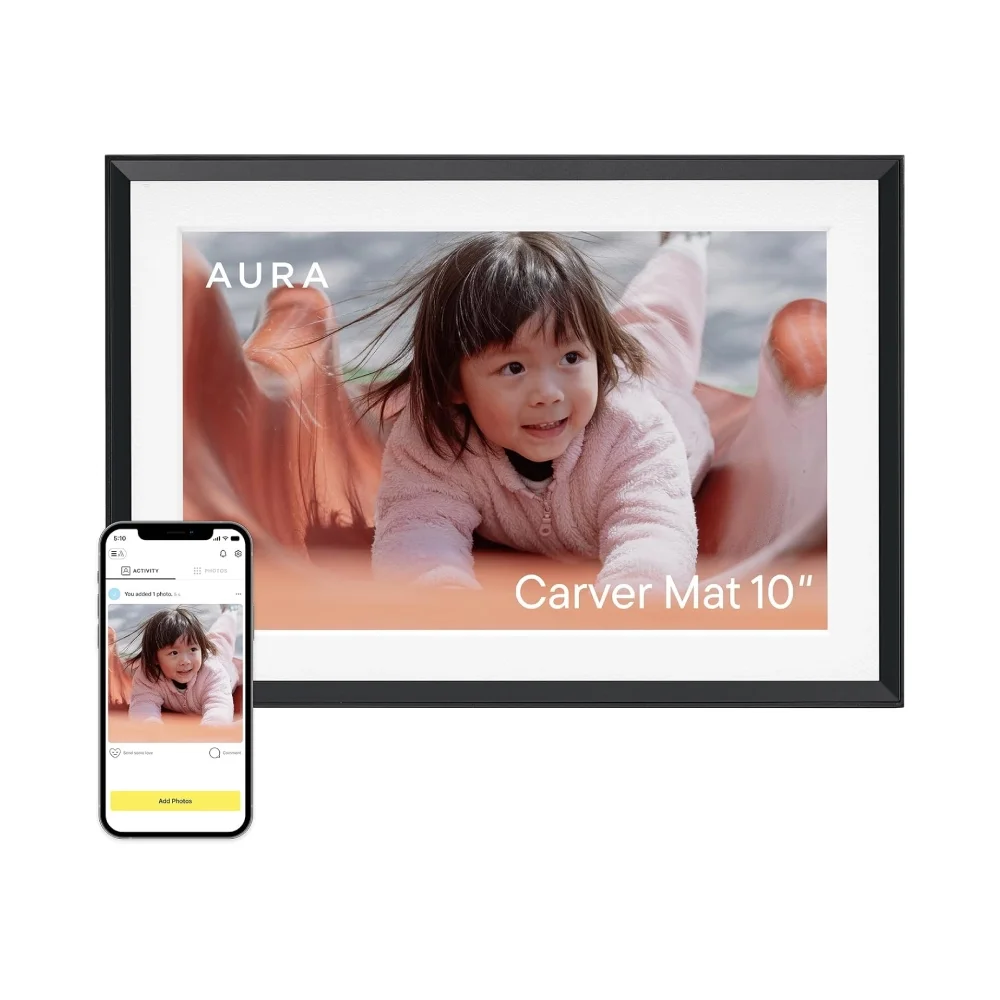 Digital photo frame displaying a family photo