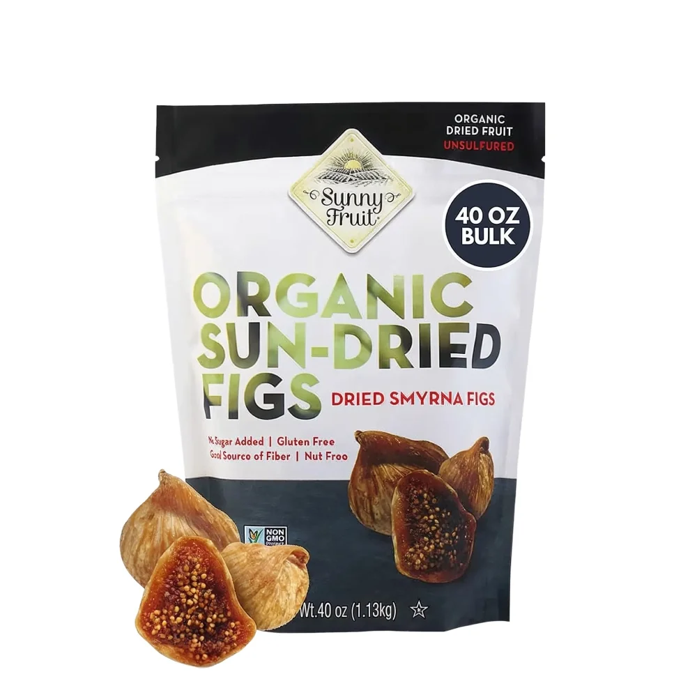 Bag of organic sun-dried figs with several figs displayed outside the package