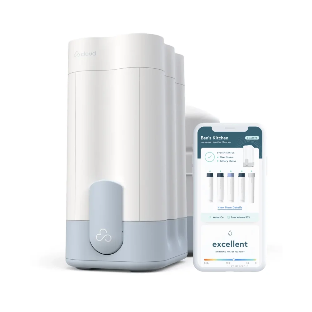 Under-sink water filter system with stacked filter cartridges beside a phone showing the Cloud RO app with an 'excellent' water quality reading.