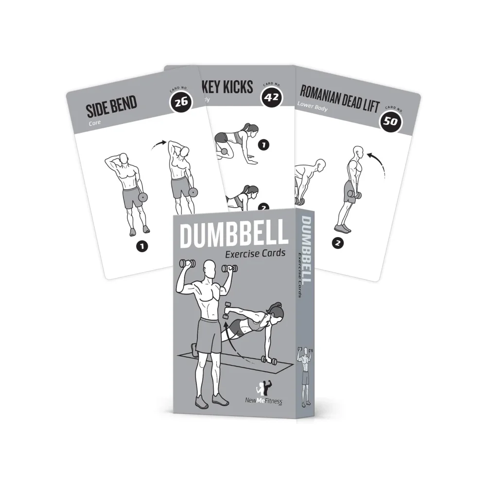 Deck of illustrated dumbbell exercise cards fanned out next to their box.