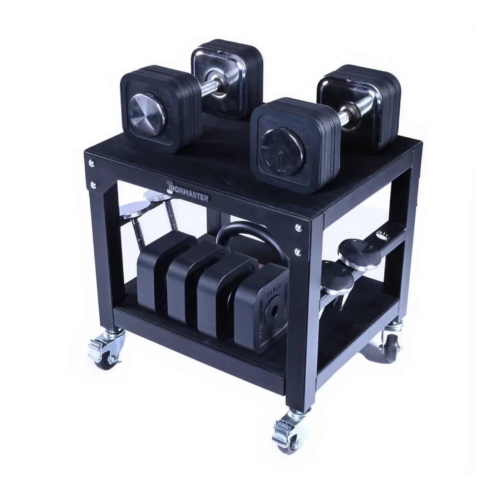 Ironmaster Pro Stand: Metal dumbbell stand holding adjustable dumbbells and weight plates at waist height for faster weight changes.