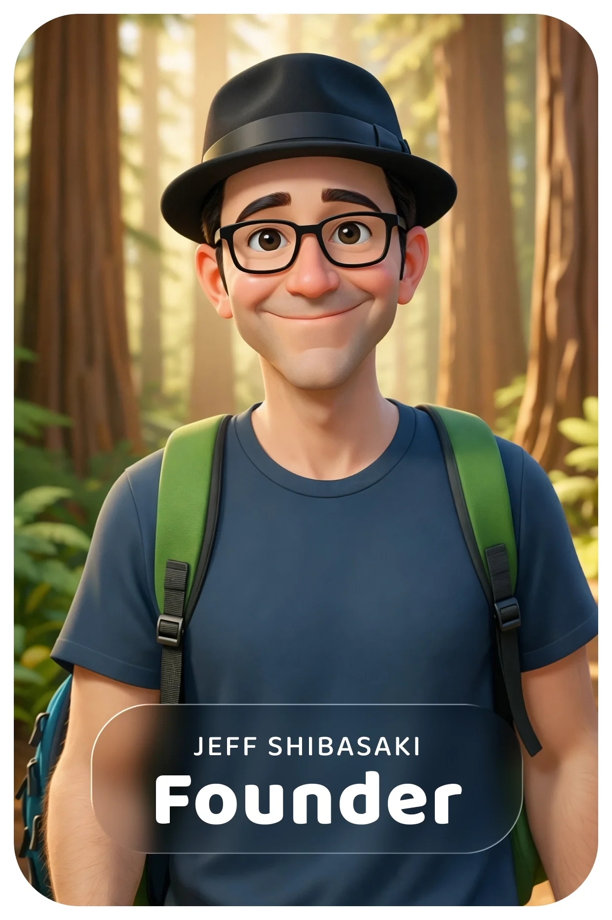 Jeff Shibasaki as Founder, standing in a forest setting with a backpack, representing leadership and curiosity