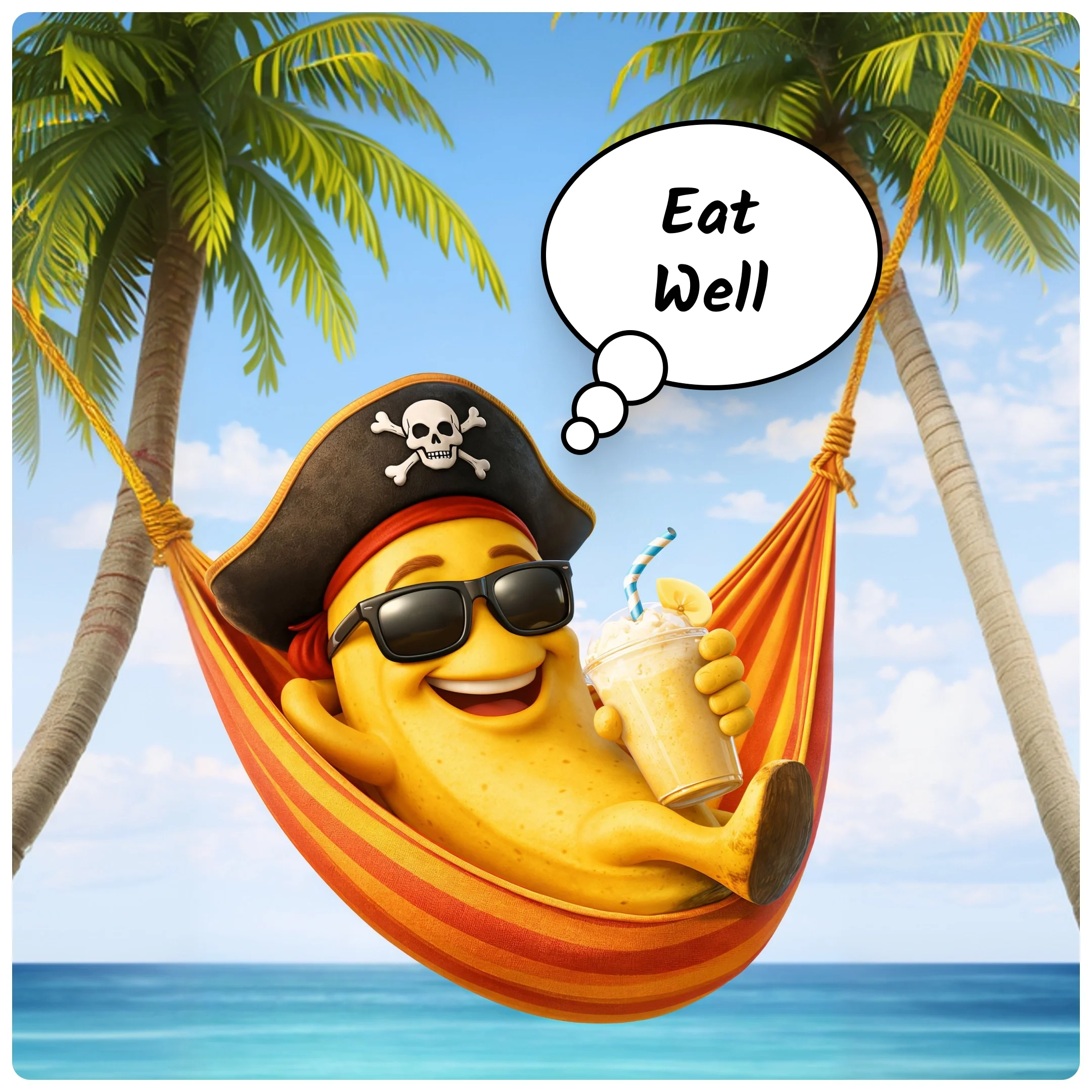 Cartoon banana wearing pirate hat and sunglasses relaxing in a hammock with a drink.