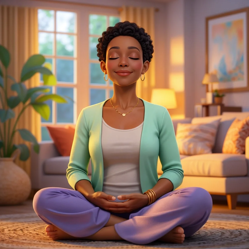 A woman with meditates peacefully in a cozy room with plants, representing calm, relaxation, and the patchOS Stress Less habit.