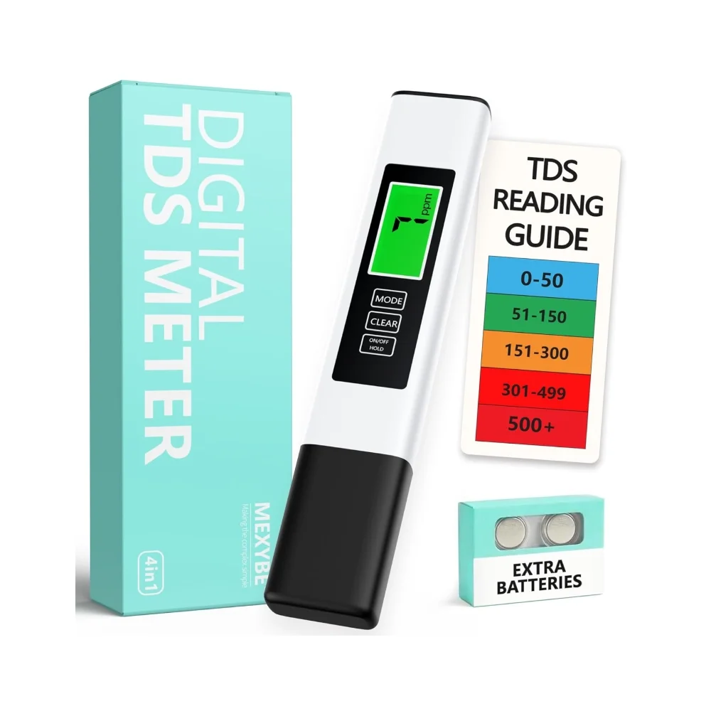 Digital TDS meter pen with a PPM display, next to its packaging, a color-coded TDS reading guide, and a pack of extra batteries.