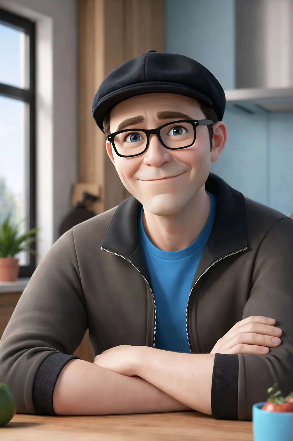 Jeff Shibasaki smiling at a café table, wearing glasses and a black cap, with arms crossed in a relaxed, confident pose