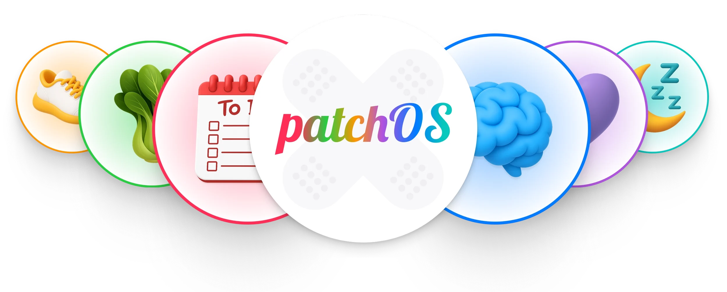 patchOS human operating system graphic showing six wellness icons: exercise shoe, leafy greens, to-do list, brain for stress, heart for love, and moon with Zs for sleep.