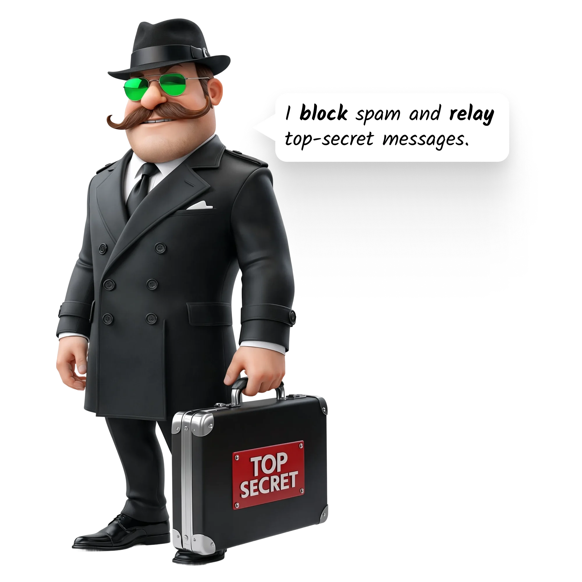 A man dressed like a spy holds a ‘Top Secret’ briefcase, facing the camera