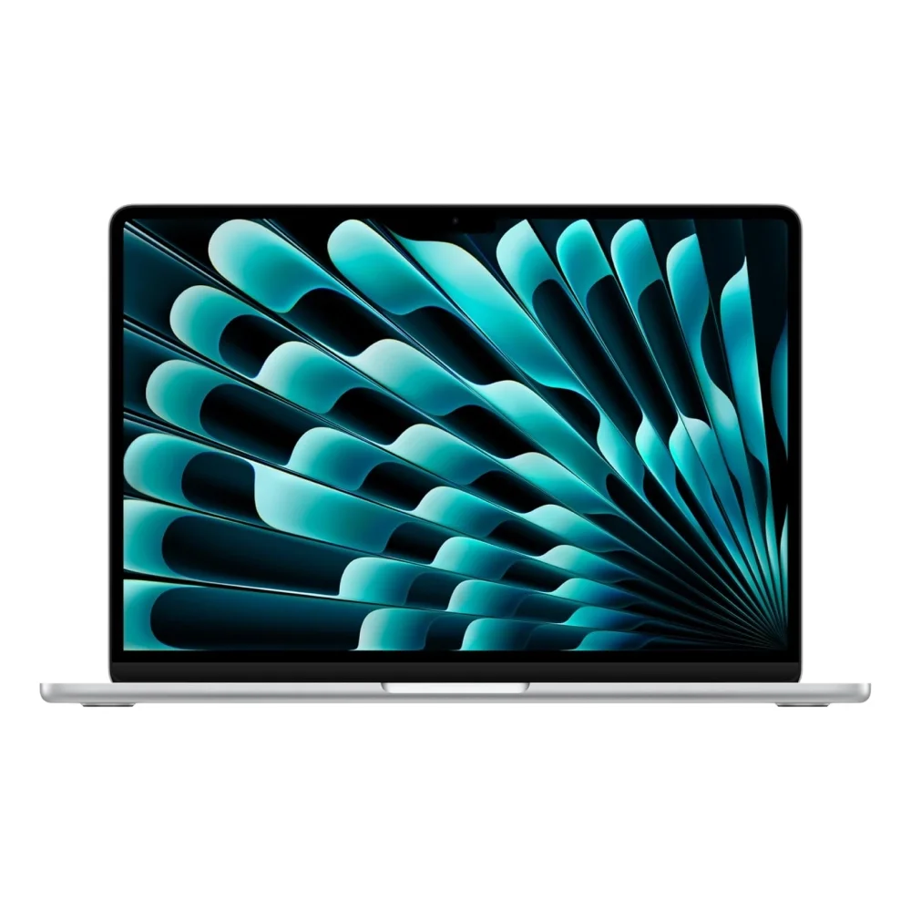 MacBook Air laptop open with abstract wallpaper on the screen