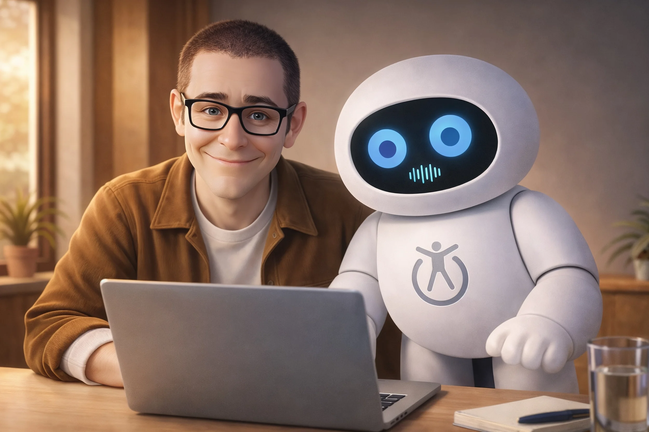 A man and his robot collaborator work at the computer