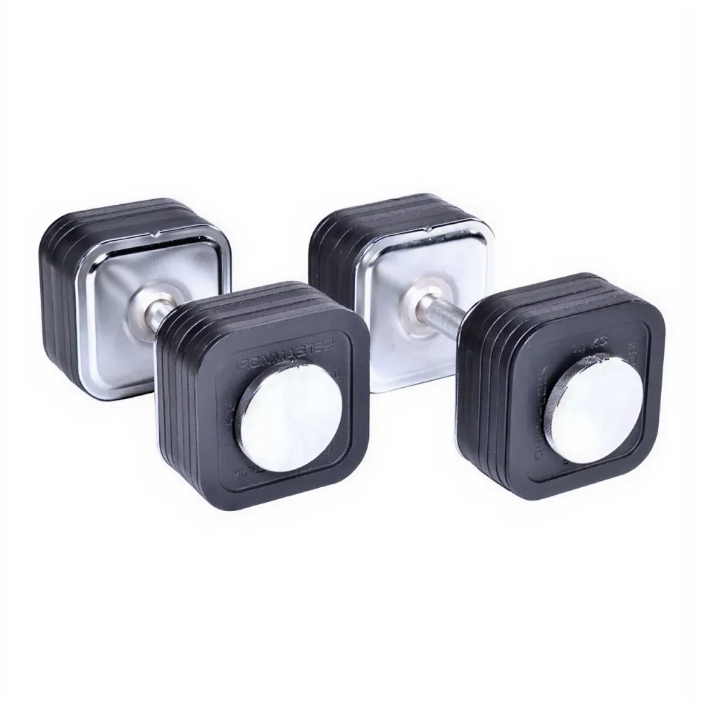 Adjustable dumbbell with weight plates attached and locking screw handle.