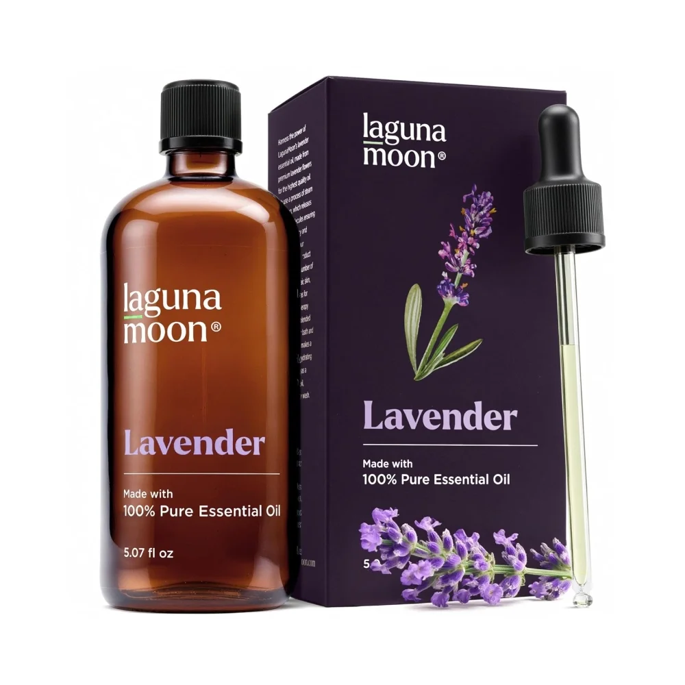 Amber glass bottle of lavender essential oil with purple label