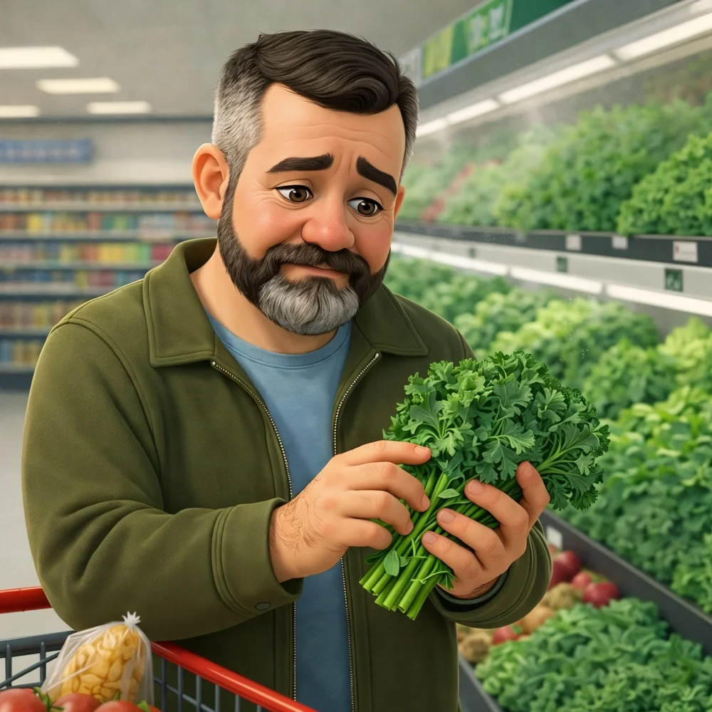 An older man smiles shops for leafy greens at the grocery store, representing whole food plant-based nutrition and the patchOS Eat Well habit.