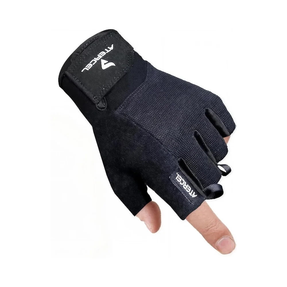 Fingerless workout glove on a hand, gripping open.