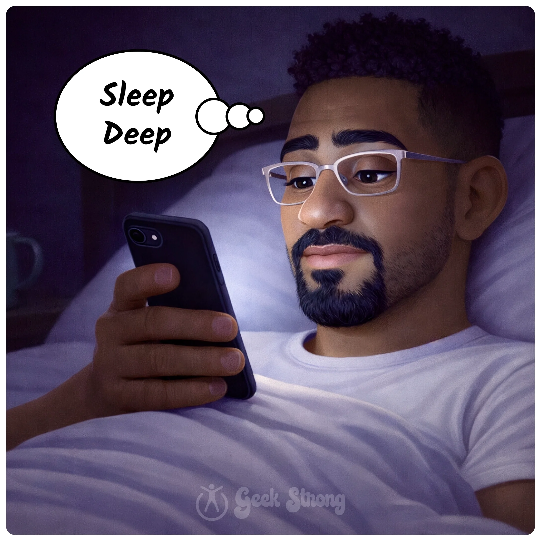Person lying in bed looking at a phone at night, illustrating a sleep habit story