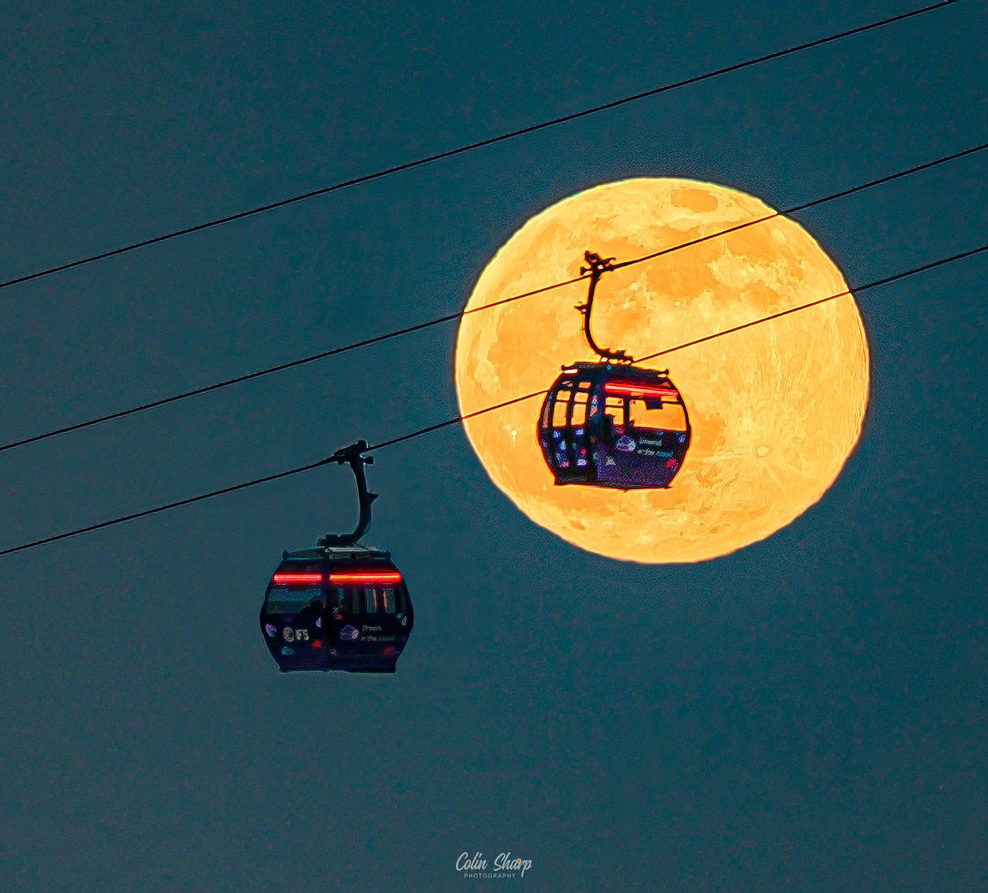 Worm Moon rising over London Cable Car (IFS Cloud)