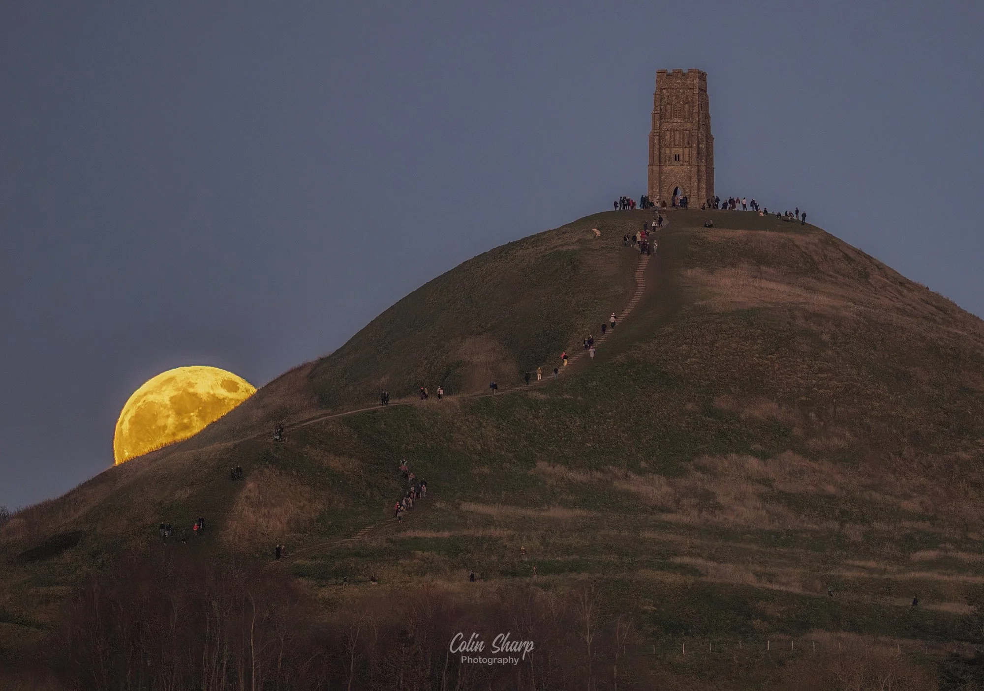 Wolf Moon rising at Glastonbury Tor, Jan 26