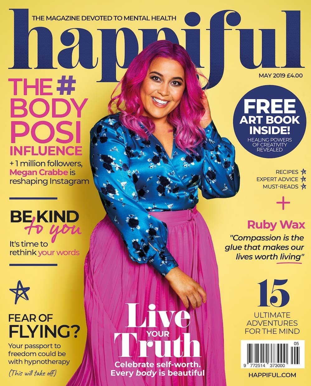  Megan Jayne Crabbe (Bodyposipanda) with pink hair on the cover of Happiful Magazine’s May 2019 issue. 