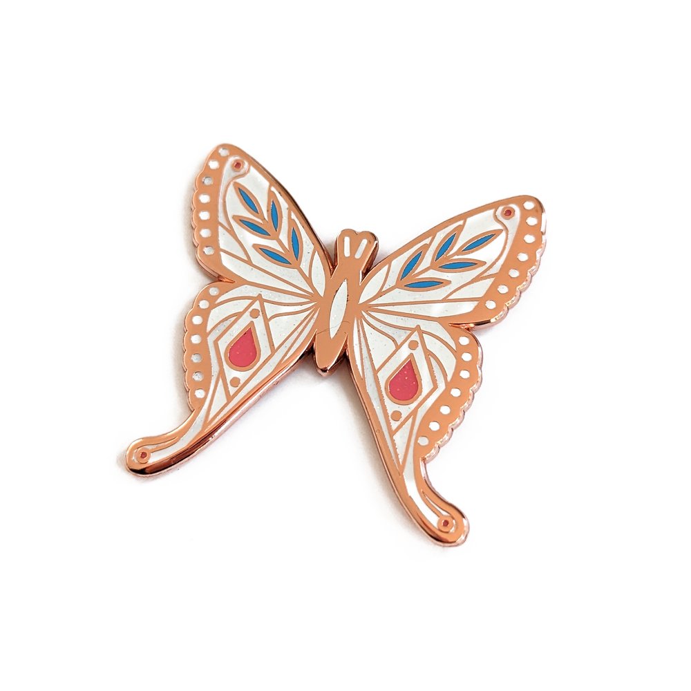 White Mid-Century Modern Butterfly Hard Enamel Pin — Amber Leaders Designs