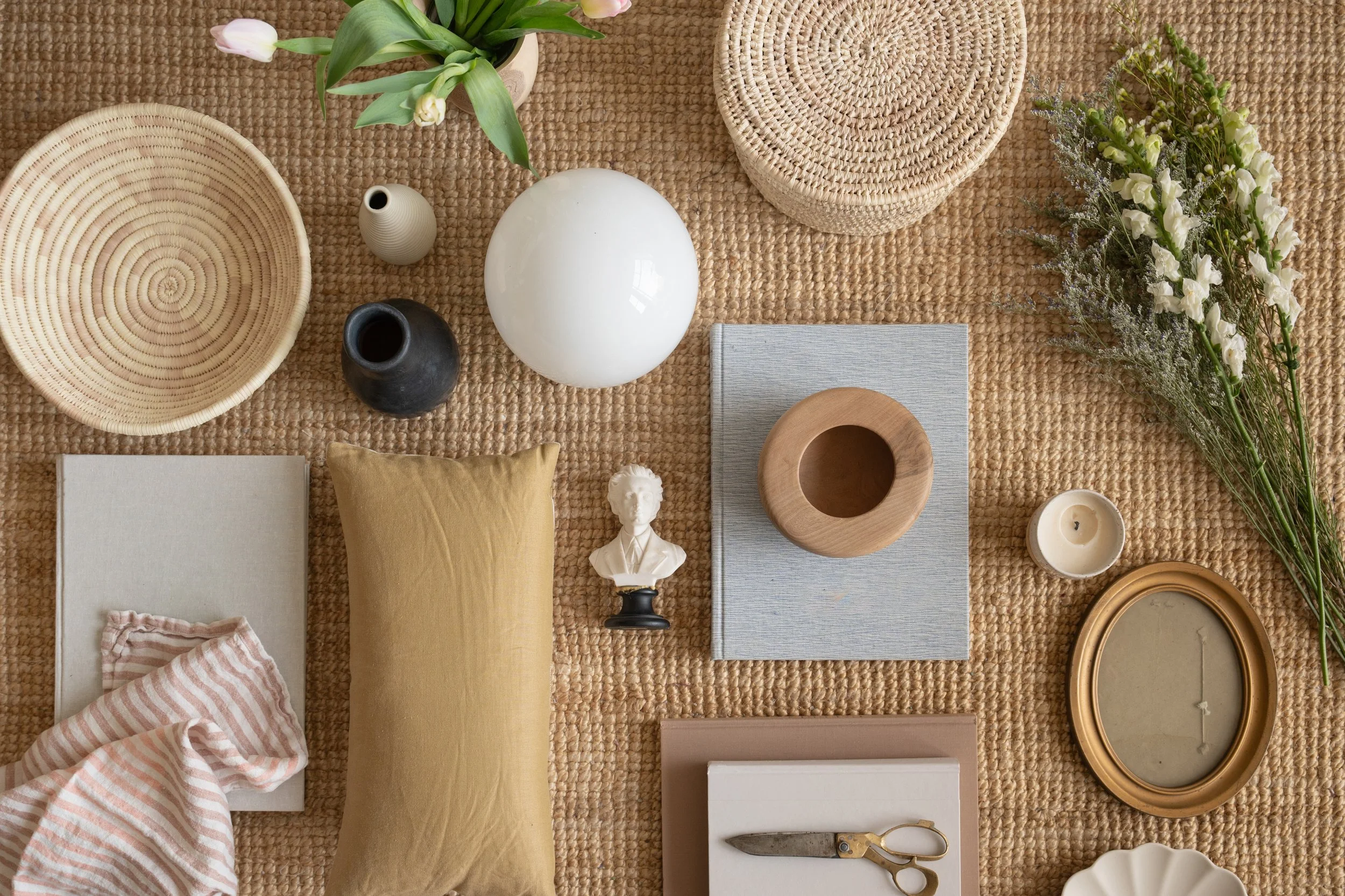 Flatlay of assorted home decor pieces