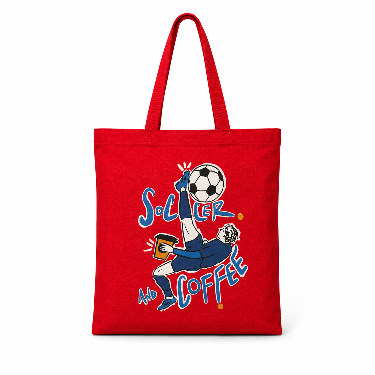 787 Coffee Soccer & Coffee red canvas tote — three-quarter view showing the structured flat base and reinforced shoulder handles