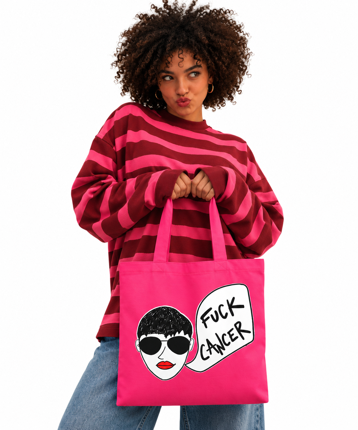 Woman holding 787 Coffee F*ck Cancer hot pink tote bag — breast cancer awareness gift for cancer survivors fighters and caregivers, hand-illustrated by BrandON